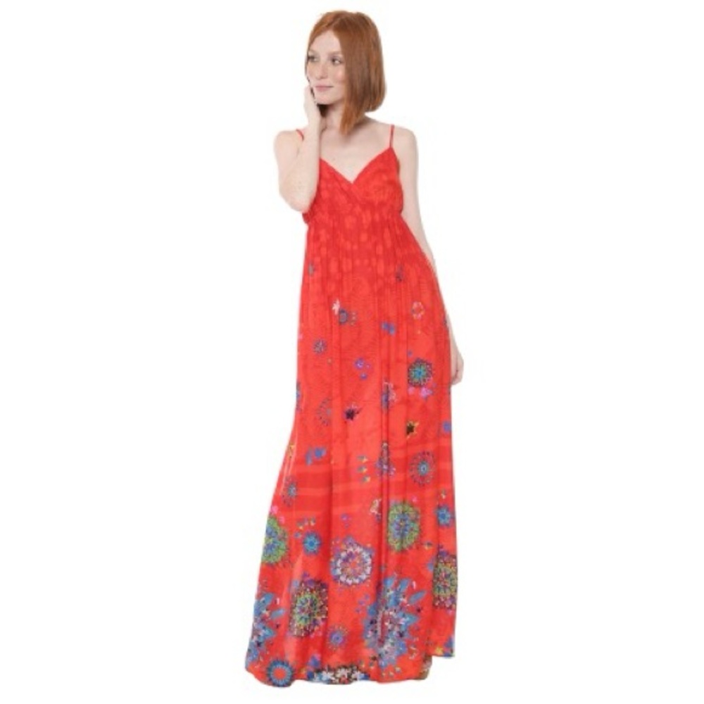 Desigual Red Floral Boho Maxi Dress Side Slits Size M